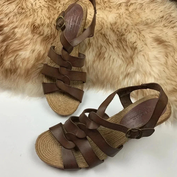 Eric Michael Brown Leather Wedge Espadrille Sandals Hobo Woven - Picture 1 of 6